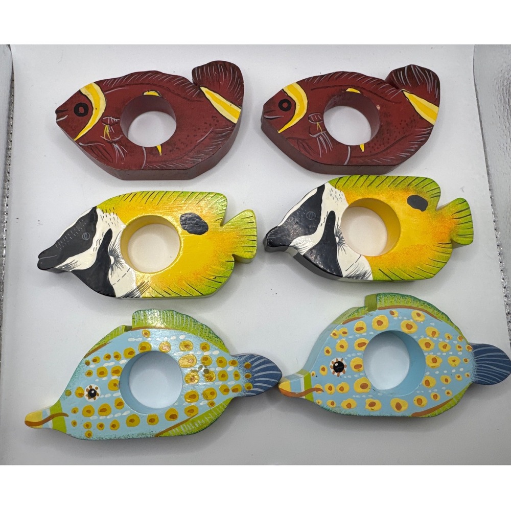 Hand Painted Wood Tropical Fish Napkin Rings Set of 6 Sri Lanka Coastal Decor
